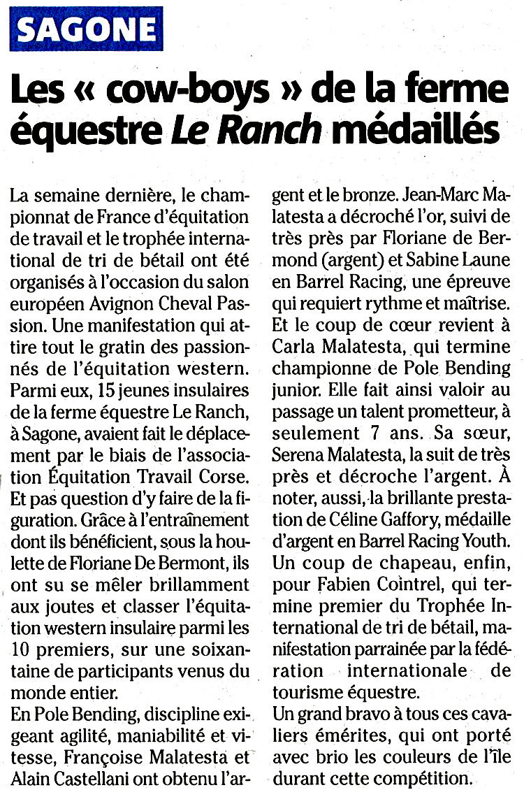 Article Corse Matin : La Corse brillament représentée à Cheval Passion 2012