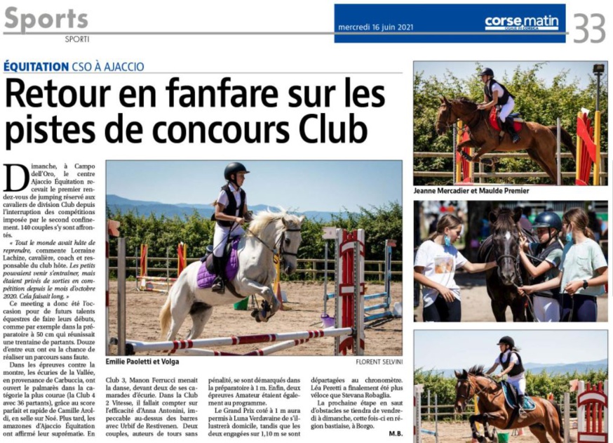 Article Corse Matin du 16 juin 2021