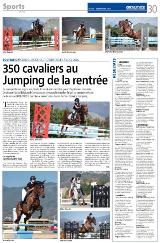 Article Corse Matin du 7 septembre 2021 Article Corse Matin du 7 septembre 2021