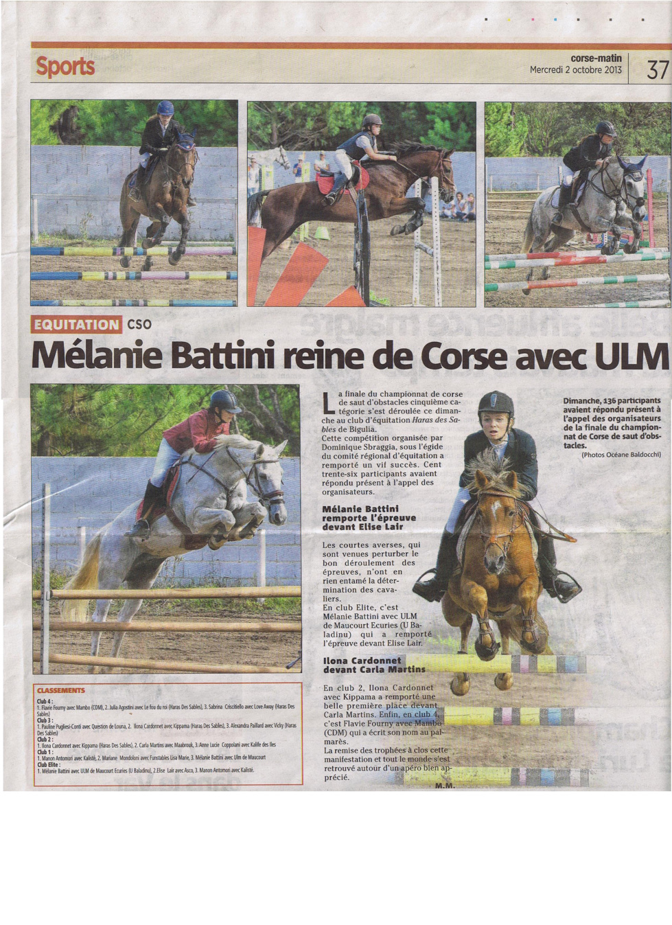 Championnat de Corse CSO Club- Corse Matin- Mercredi 2 octobre 2013