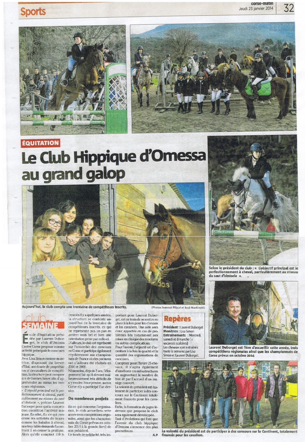 Concours CSO Omessa Jumping Club Centre Corse- Article Corse Matin 23/01/2014