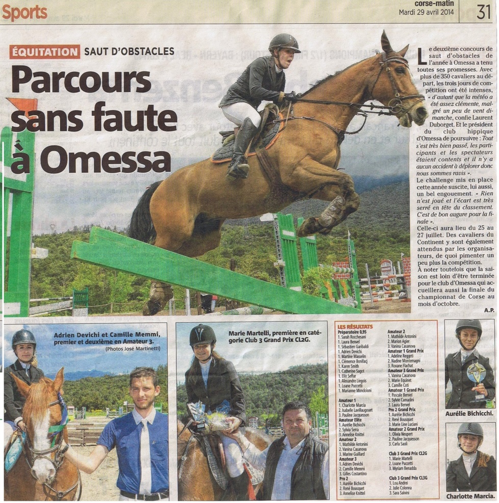 Concours CSO Omessa Jumping Club Centre Corse- 26 et 27 avril 2014- Article Corse Matin 29/04/2014