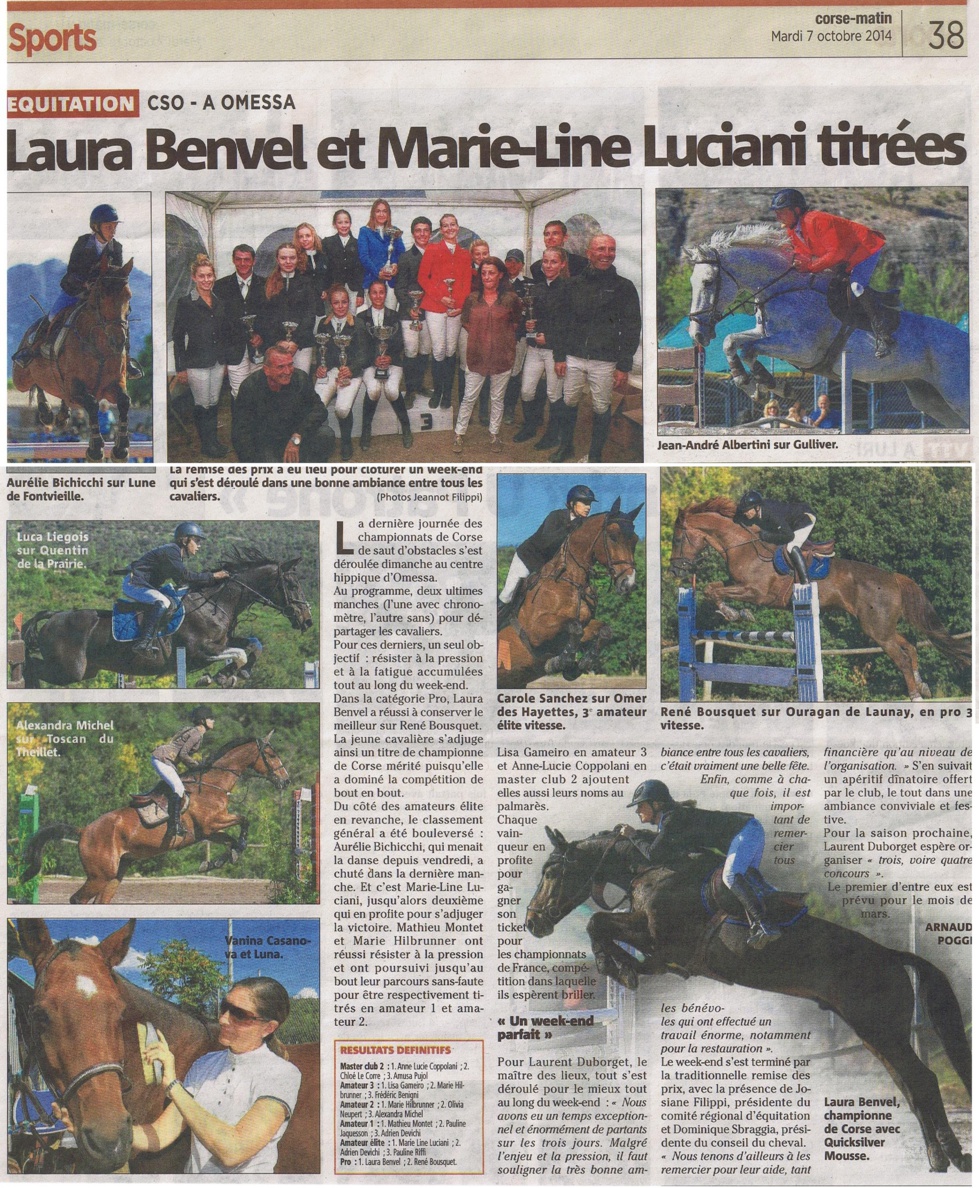 Championnat de Corse de saut d'obstacles amateur 2014 "Laura Benvel et Marie-Line Luciani titrées"