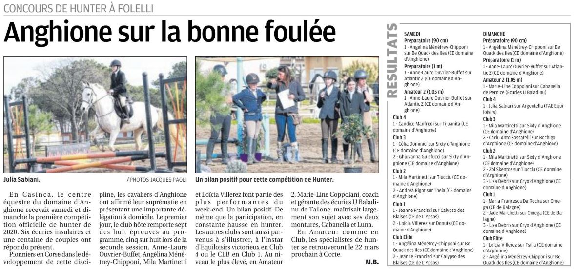 Concours Hunter épreuves Club et Amateur - 22 et 23 février 2020 - Folelli