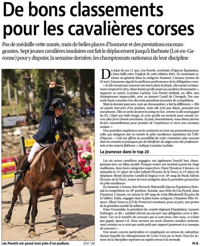 Article Corse Matin du 29 juillet 2021