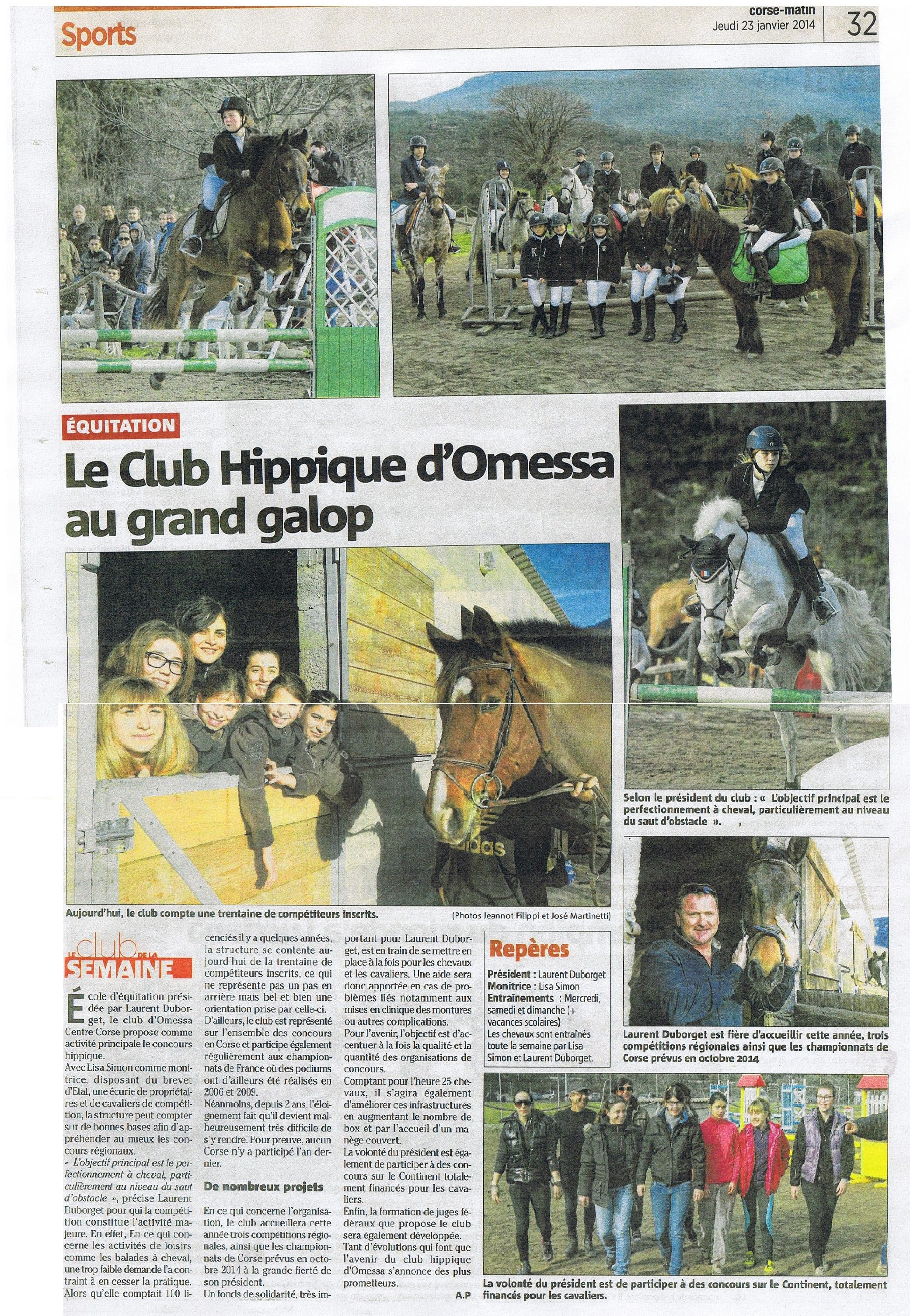Concours CSO Omessa Jumping Club Centre Corse- Article Corse Matin 23/01/2014